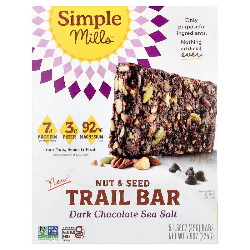 Simple Mills,Nut & Seed Trail Bar, Dark Chocolate Sea Salt,