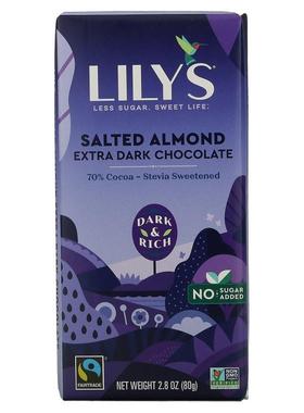 Lily's Sweets,高级黑巧克力棒，咸味杏仁，70% 可可，2.8 盎司（