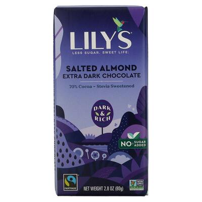 Lily's Sweets,高级黑巧克力棒，咸味杏仁，70% 可可，2.8 盎司（