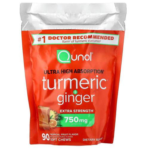 Qunol,Turmeric + Ginger, Tropical Fruit, 90 Soft Chews (375
