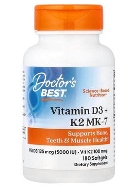 Doctor's Best,Vitamin D3 + K2 MK-7, 180 Softgels