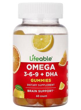 Lifeable,Omega 3-6-9 + DHA Gummies, Orange & Lemon, 60 Gummi