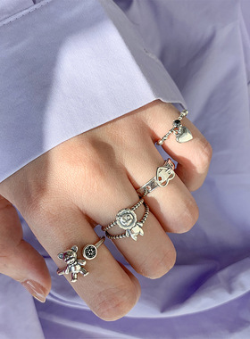 925纯银做旧时尚戒指女潮网红复古ins小众设计百搭食指个性指环