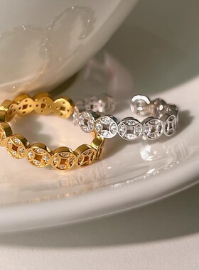 中古风轻奢精致高级镂空铜钱戒指女小众设计开口可调节时尚食指环