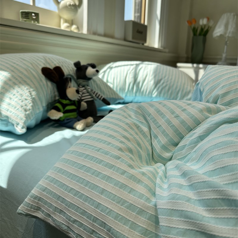 水洗棉色织提花蓝色条纹四件套全棉纯棉1.5m1P.8米被套床单三件套