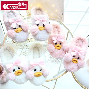 厚底家居室内可爱玻尿酸鸭网Q红鸭包跟毛拖鞋 女 保暖棉拖鞋 冬季