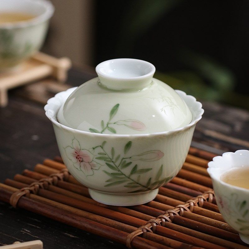 盖碗陶瓷复古茶碗功夫茶具手绘z菊口二才日式品茗杯茶杯泡茶器青,餐饮具,盖碗,淘宝优惠券,粉丝福利购,淘宝优惠卷