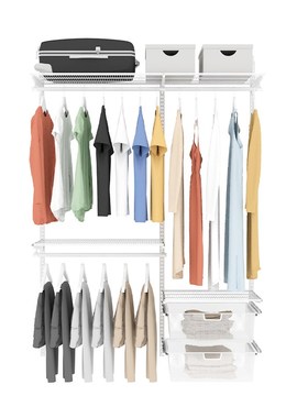 白色AAc柱金属衣帽间 开放式衣柜套装 上墙挂衣置物网板支架可调