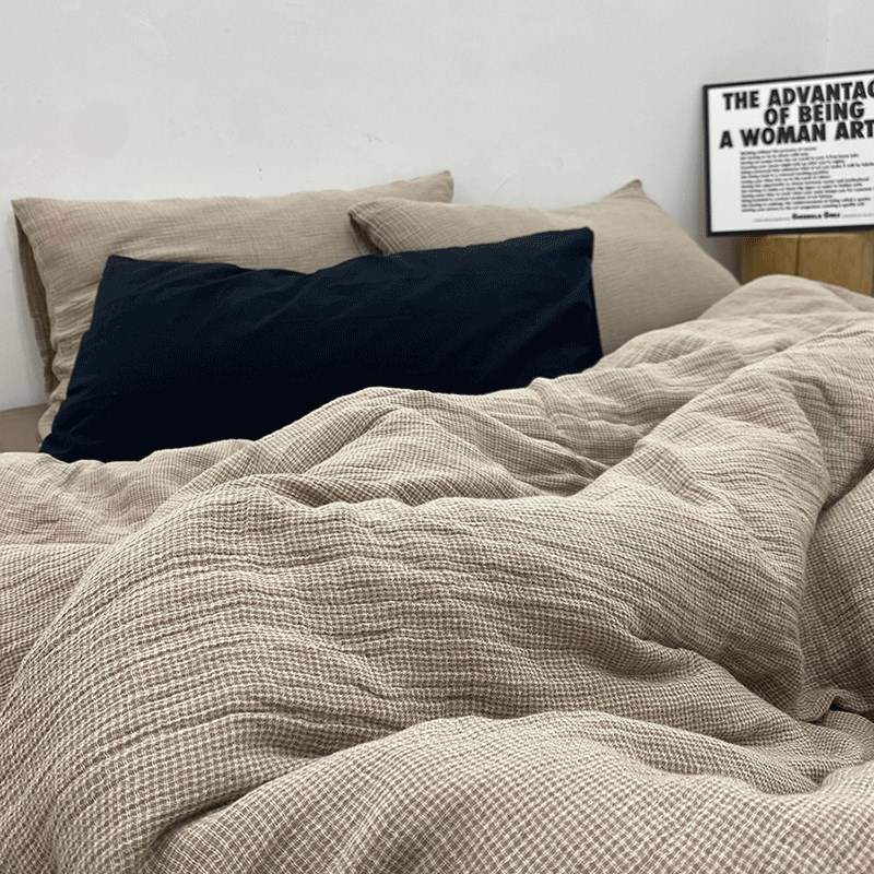 未麻的布屋/日式A类侘寂风棕榈色三层纱布轻薄透T气全棉床单四件