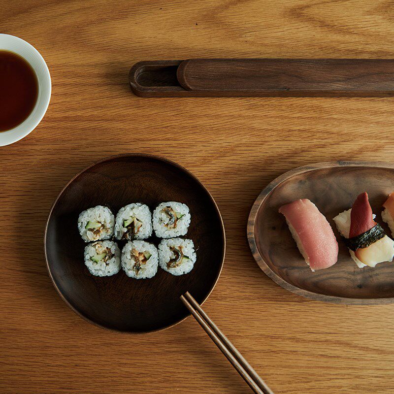 梵瀚 黑胡桃木木盘零食糕w点寿司水果小吃碟日式木质圆形小盘子