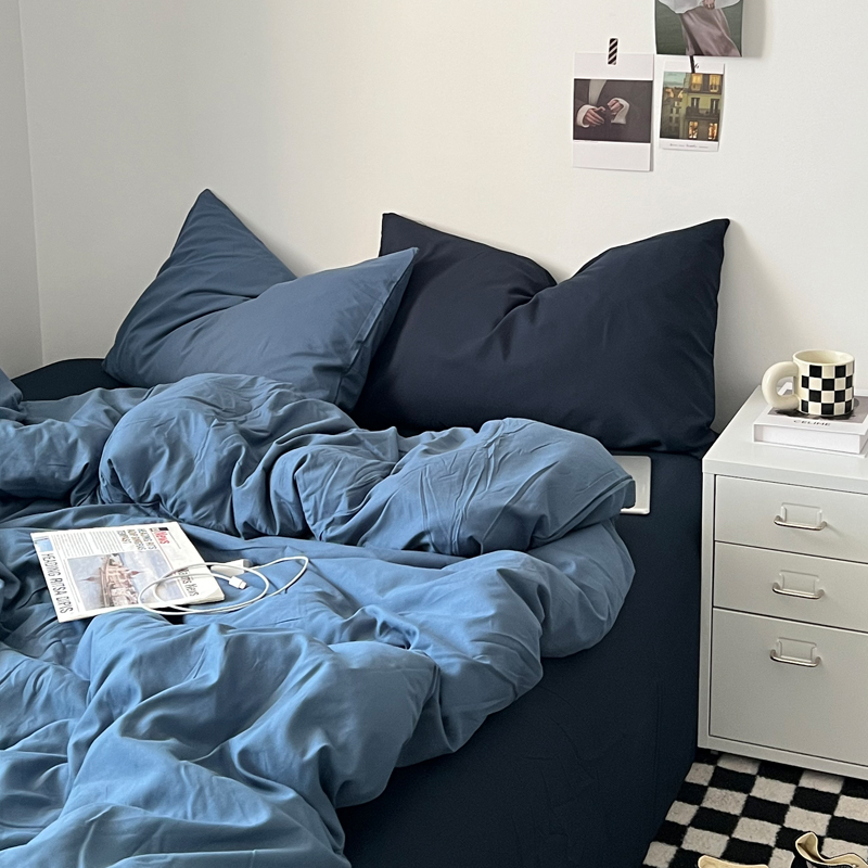 ins简约水洗棉四件套床上用品1.8床G单被套纯色学生宿舍三件套床