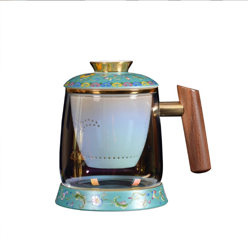 新品创意玻璃水杯珐琅彩茶水分离泡茶杯带盖过滤陶瓷Y茶杯商务礼