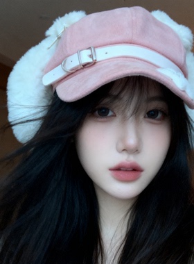 2025新款粉色小狗耳朵鸭舌帽女亚比文化贝雷帽可爱y2k辣妹冬季帽