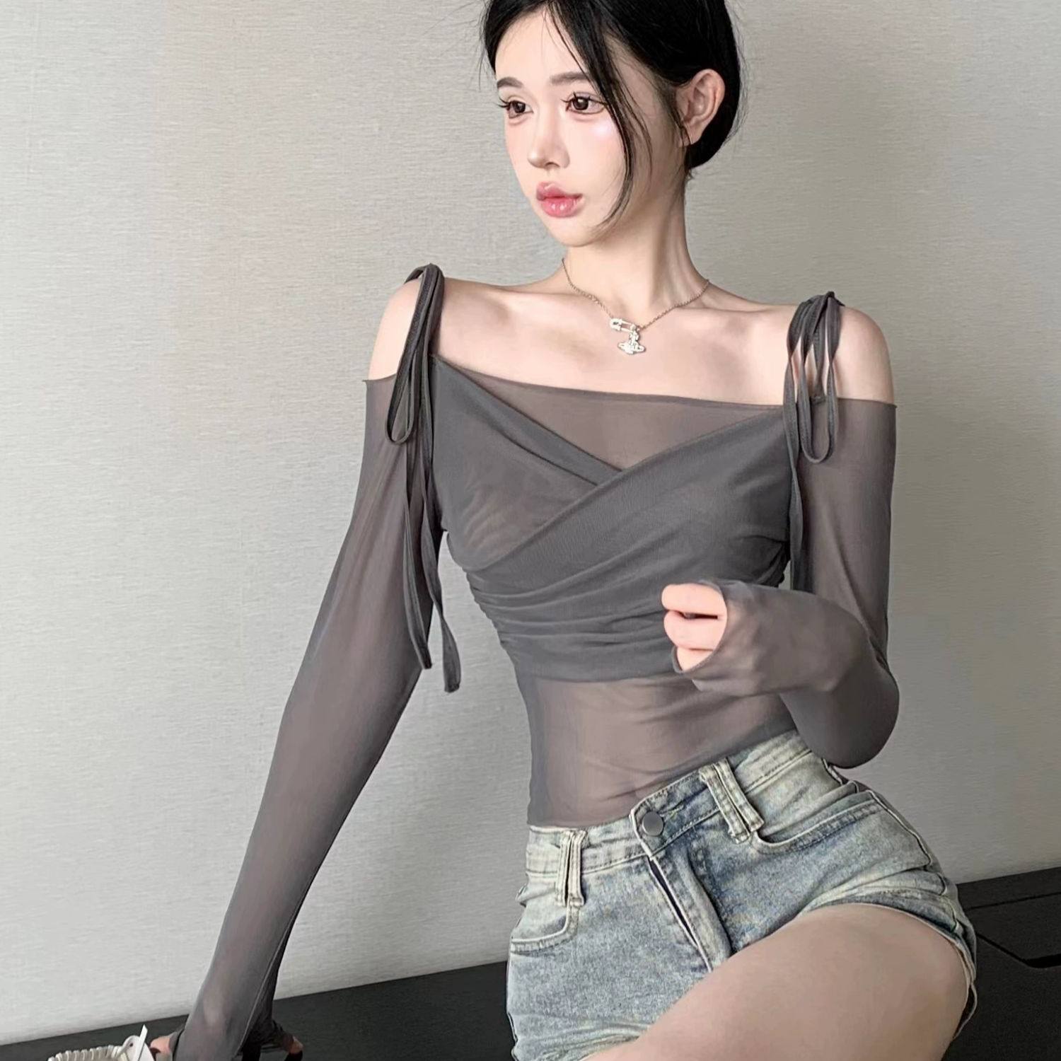 辣妹网纱防晒系带长袖T恤