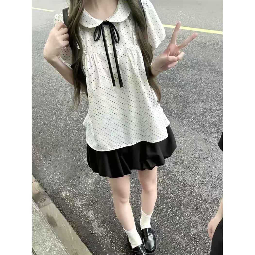 学院风小个子娃娃领波点