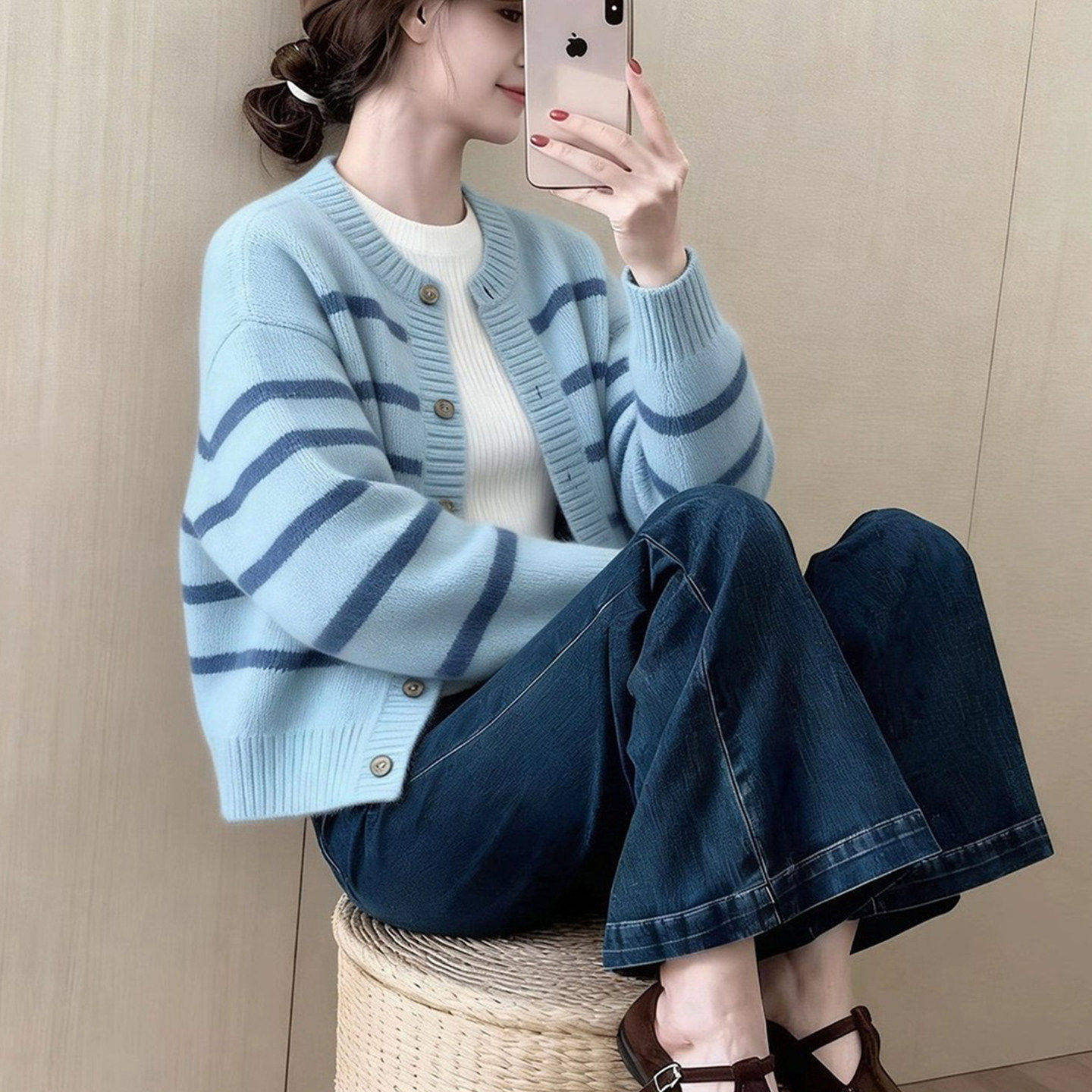 蓝色条纹针织开衫外套百