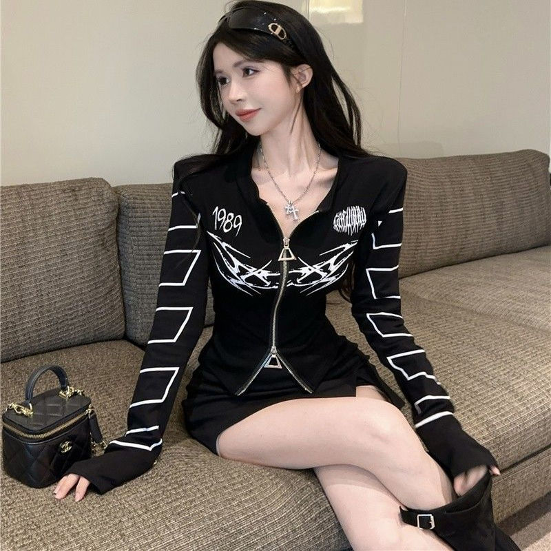 设计感双拉炼性感辣妹长