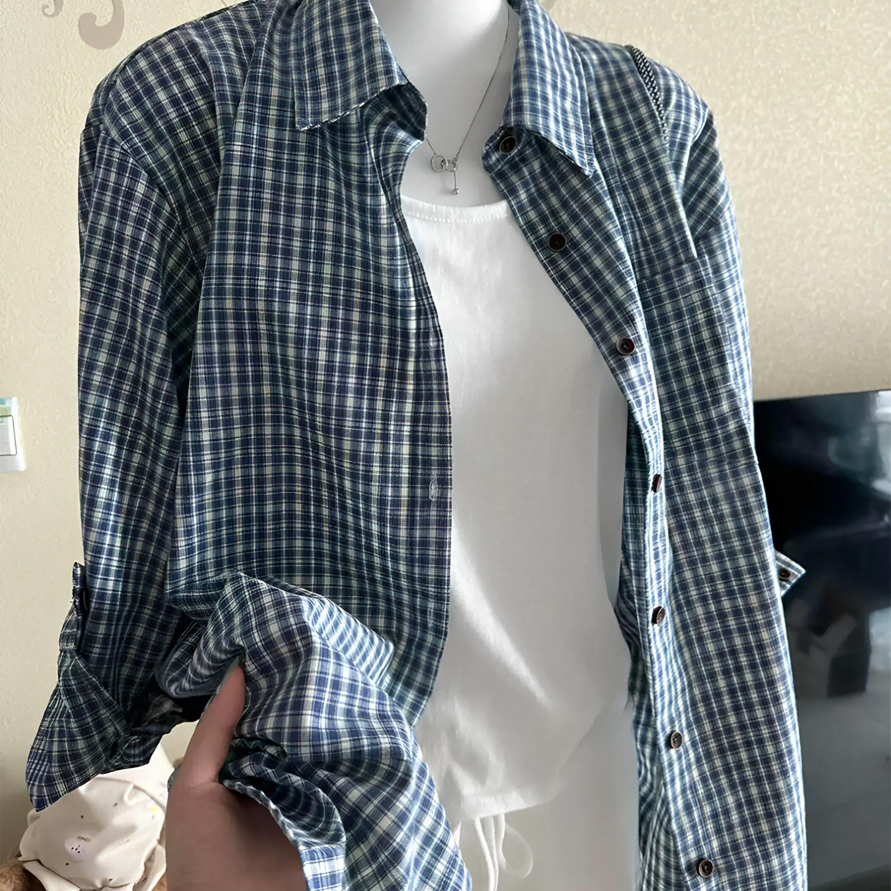 复古蓝色polo领格子衬衫
