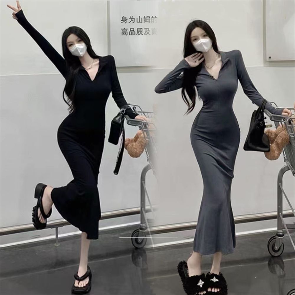 纯欲风polo领长袖收腰显
