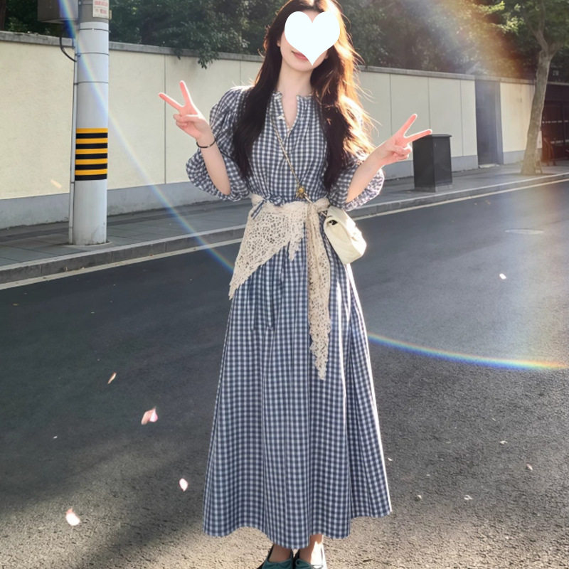 清纯白月光甜美风蓝色格子连衣裙女夏日系简约学院风小个子仙女裙