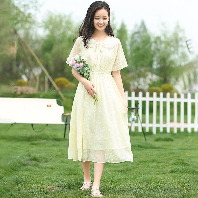 新22267少女森系连衣裙仙气雪纺长款过膝初中学生夏装长裙子高中