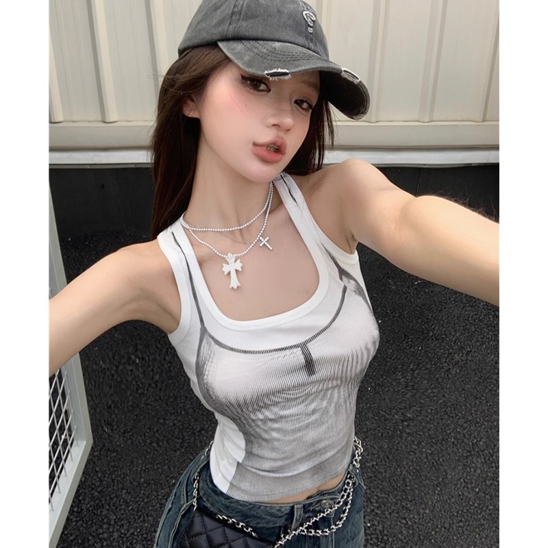美式辣妹复古印花吊带背