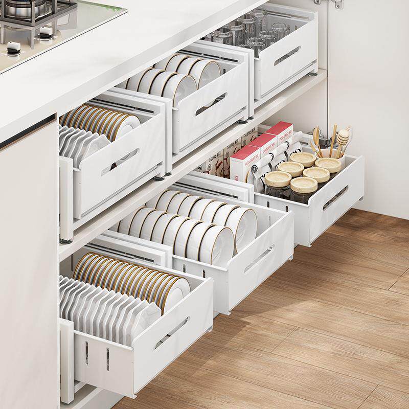 优勤碗碟拉篮置物架免安装厨柜内置碗盘分隔收纳架家用餐具杯子架