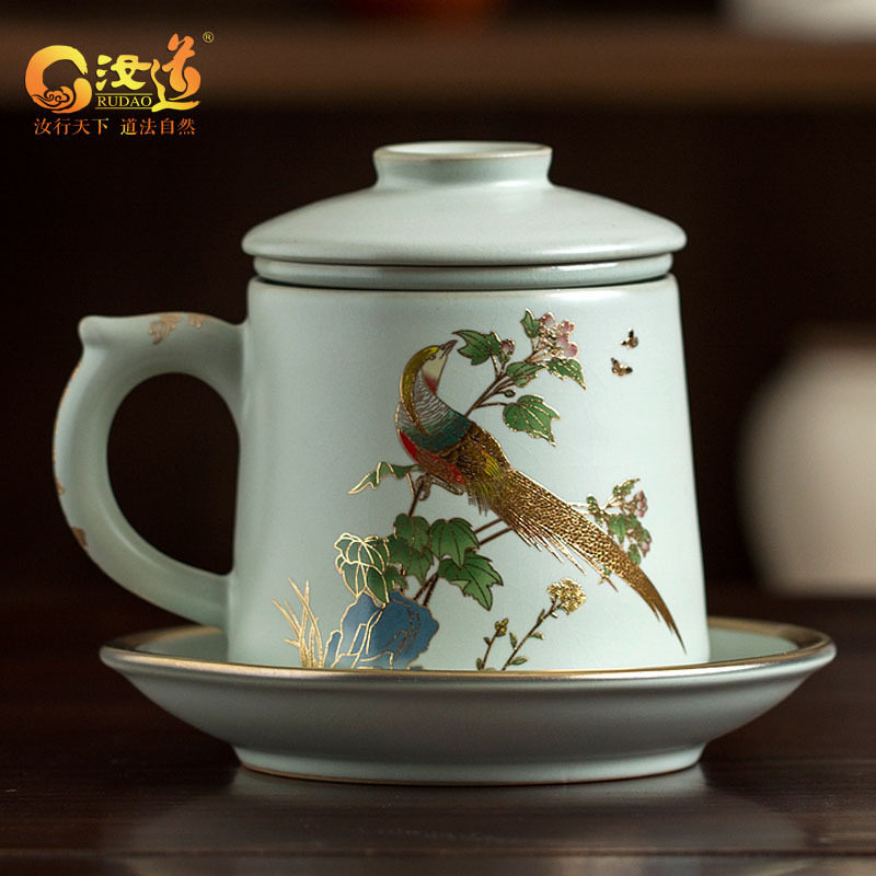 高档汝窑茶杯个人专用茶水分离泡茶杯带把陶瓷办公杯子大容量