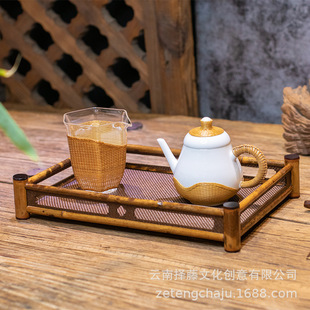 日式竹制云妃藤席小方桌大漆竹茶盘镂空方形干泡盘小茶台茶具配件