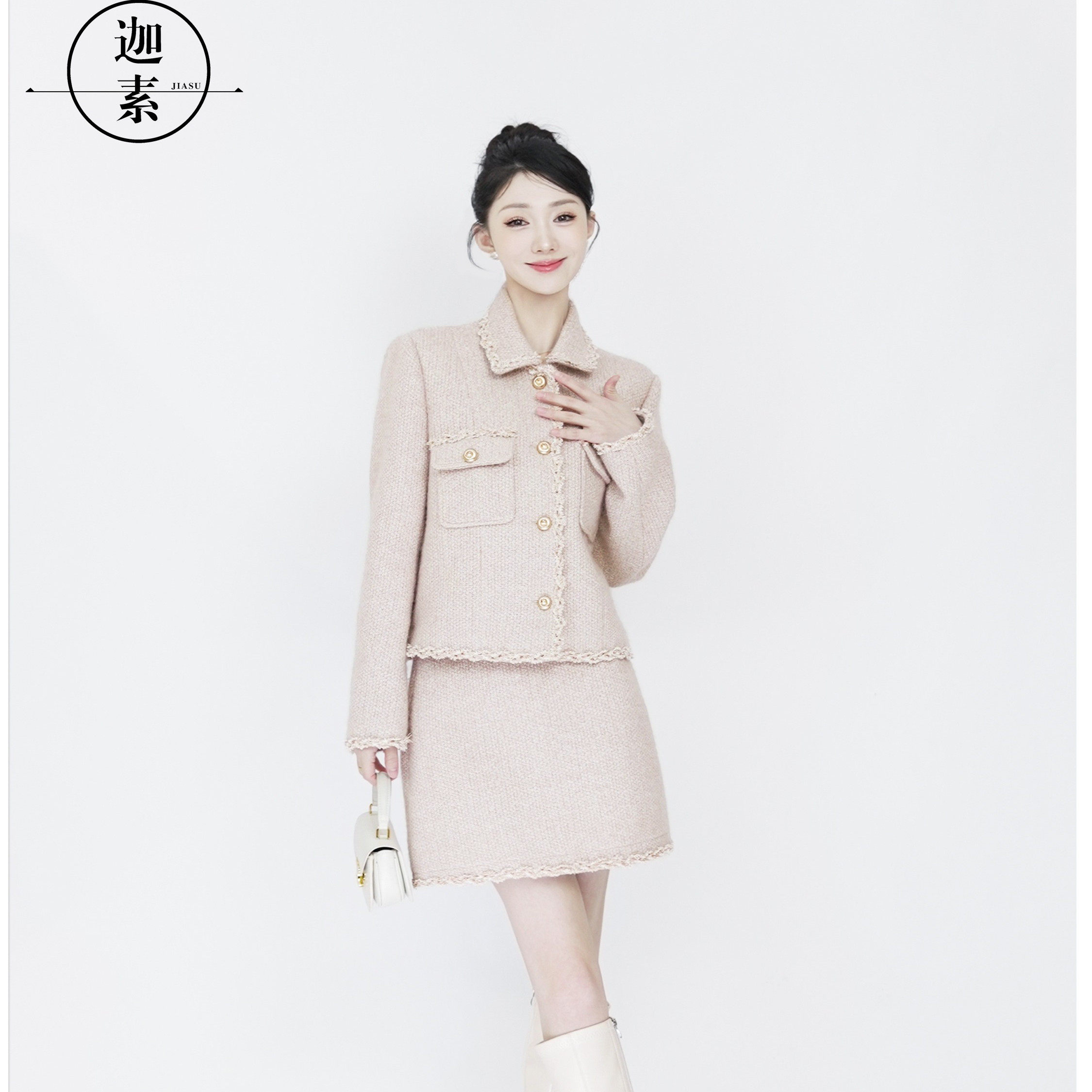 JIASU2025春季气质时尚休闲显瘦花茶粉翻领小香风套装 S446,女装/女士精品,时尚套装,淘宝优惠券,粉丝福利购,淘宝优惠卷