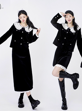 JIASU 2025春季气质时尚休闲显瘦丝绒花边小香风套装 S386