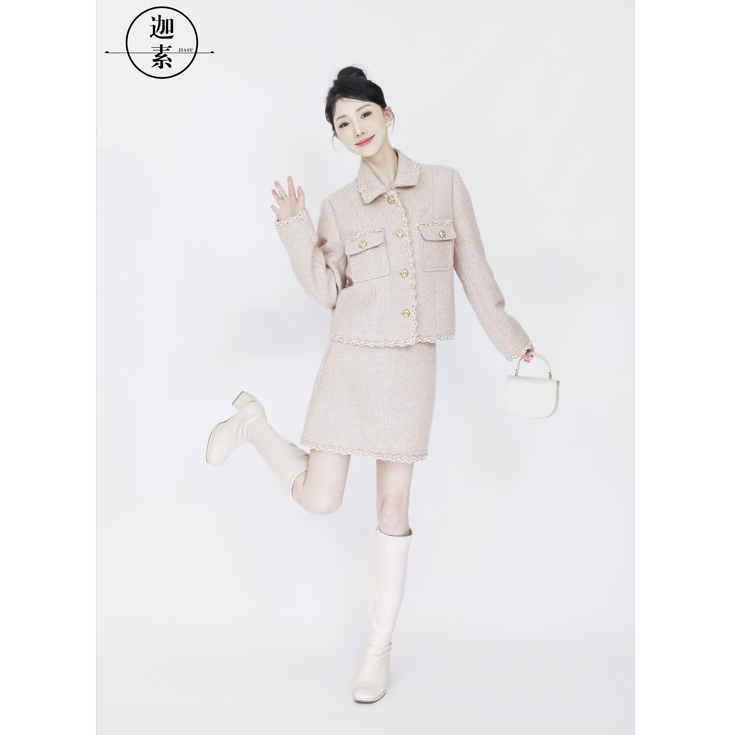 JIASU 2025春季气质时尚休闲显瘦花茶粉翻领小香风套装 S446,女装/女士精品,时尚套装,淘宝优惠券,粉丝福利购,淘宝优惠卷