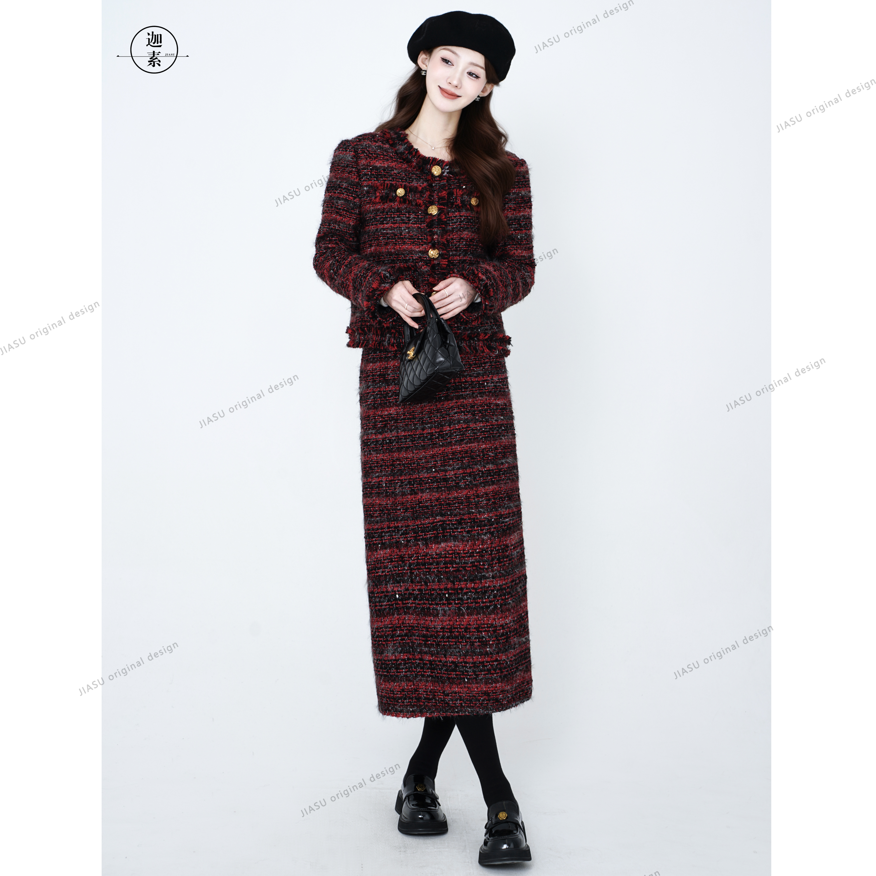 JIASU 【绯夜香颂】20羊毛特调粗花呢羊毛小香风羽绒套装S597