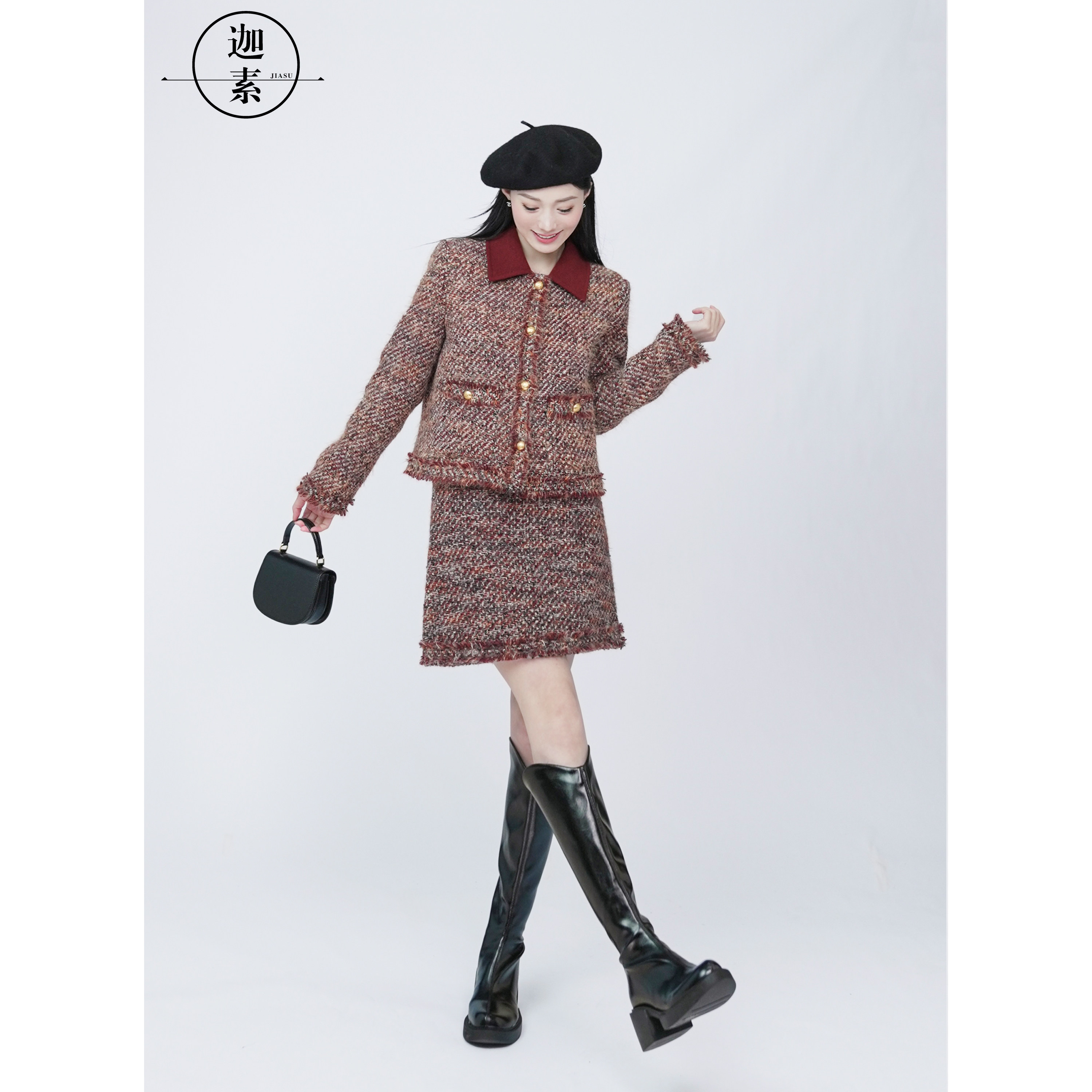JIASU 2024冬季气质时尚显瘦羊毛羽绒优雅小香套装 S420