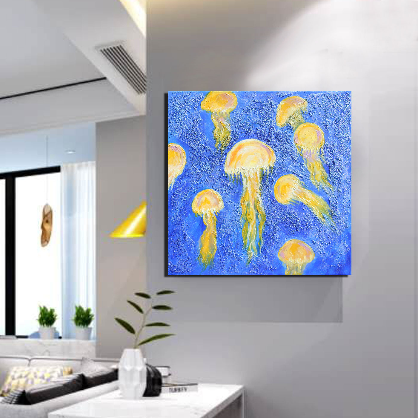 纯手绘海洋水母肌理油画客厅装饰画现代简约抽象艺术丙烯无框挂画图片