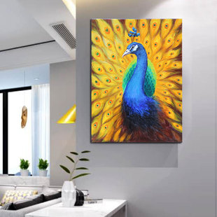 简约现代纯手绘孔雀开屏装饰画客厅背景墙挂画竖版丙烯画成品挂画