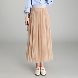 韩版 国风系列时尚 新款 网纱百褶半身裙2024秋季 高腰显瘦 洋气中长款