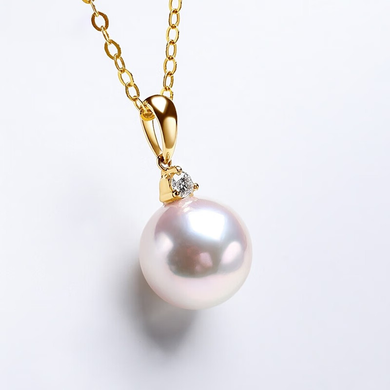 七夕节礼物 18K金镶钻石吊坠 日本Akoya海水珍珠项链送女朋友