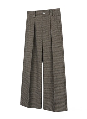 ONEER 羊毛混纺条纹千鸟格A字分褶休闲阔腿垂感宽松西裤长裤男