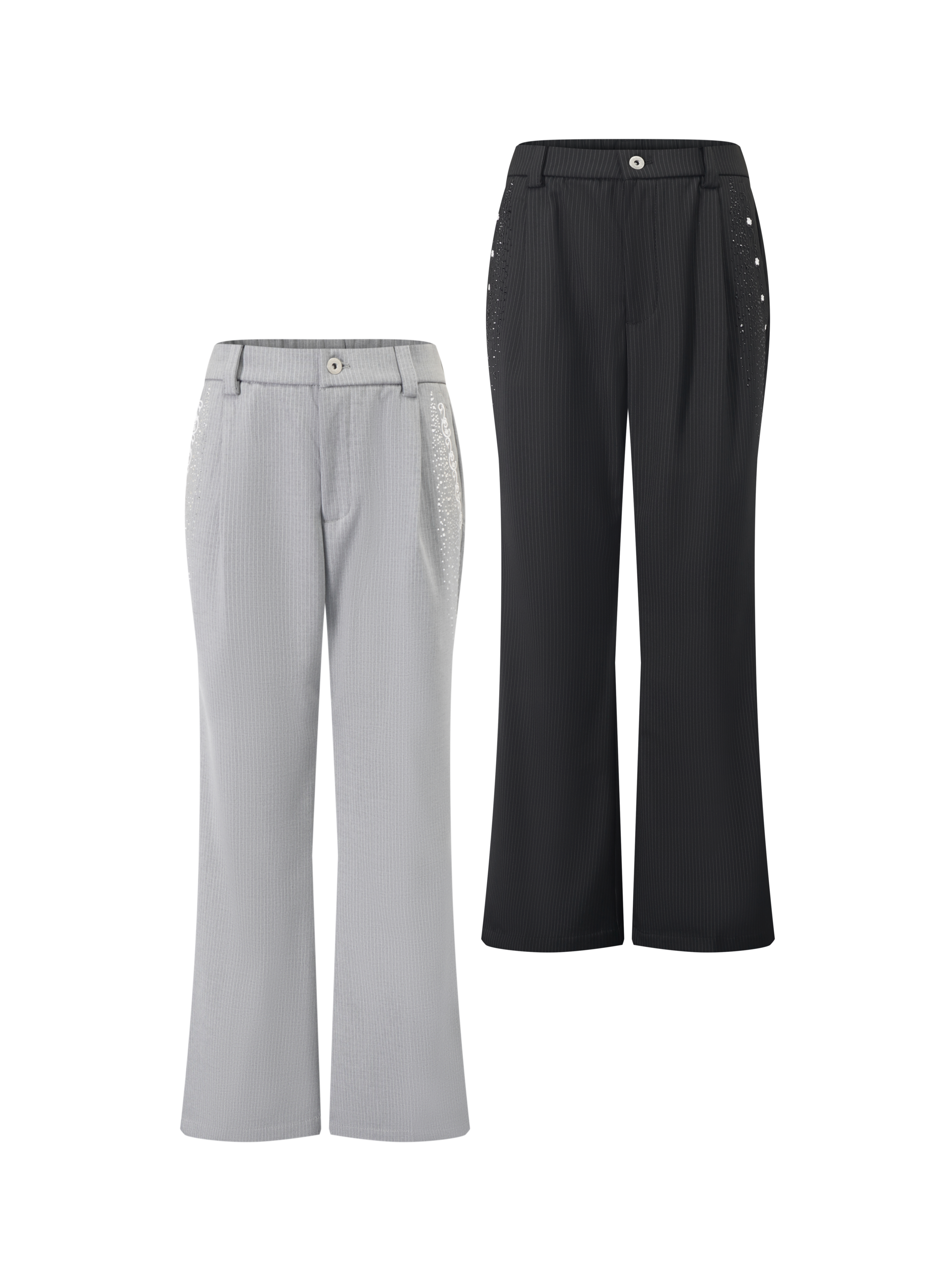 ONEER 通勤TR混纺立体剪裁垂感优雅雕花刺绣烫钻条纹微喇西裤