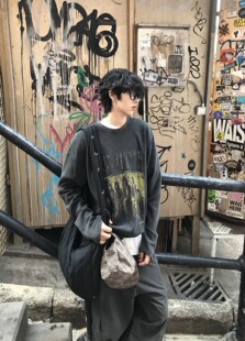 廓形短宽t恤潮 打底衫 ONEER齐柏林重磅水洗做旧数码 直喷华夫格长袖