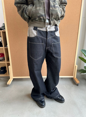 ONEER “围巾”原创羊毛拼接弯刀弧线廓形日本冈山原牛直筒牛仔裤