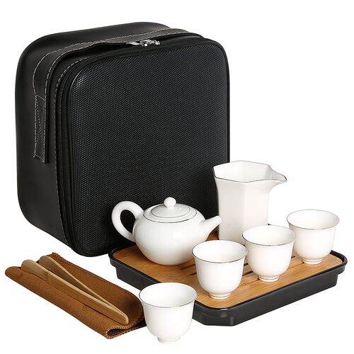 飒拓羊脂玉旅行功夫茶具套装白瓷茶壶盖碗茶N杯整套便携式收纳茶
