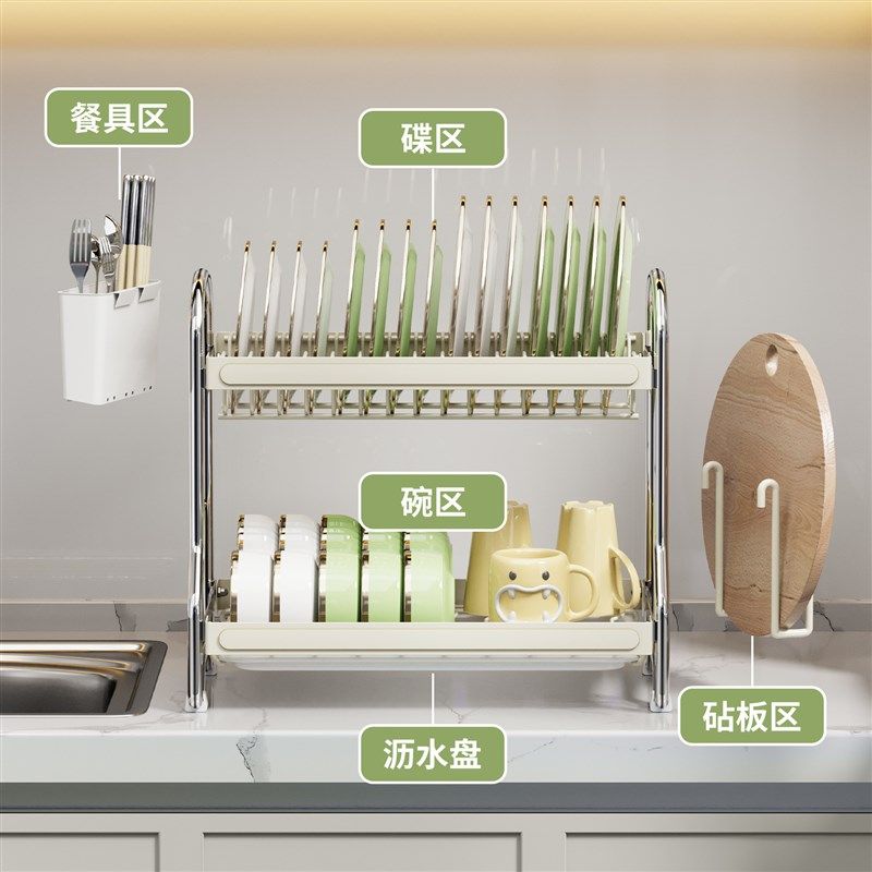 不锈钢碗碟沥水架双层o台面家用厨房置物架多功能碗盘筷勺子收纳,厨房/烹饪用具,碗架,淘宝优惠券,粉丝福利购,淘宝优惠卷