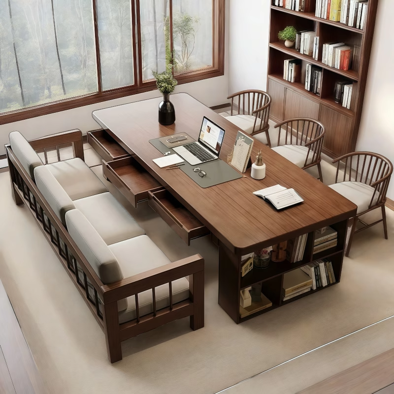 去客厅化实木大书桌书柜一体写字桌带抽屉家用学习办公桌工作台