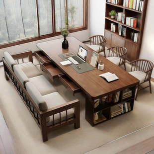 去客厅化实木大书桌书柜一体写字桌带抽屉家用学习办公桌工作台