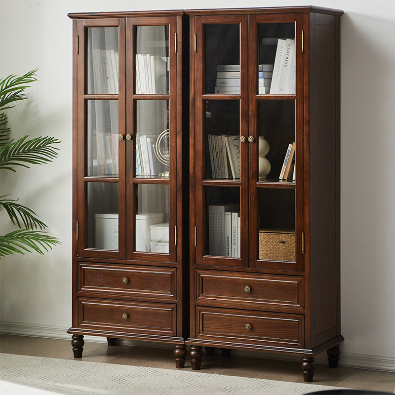 美式风全实木书柜两门书柜储物柜书房带玻璃带门书架落地书橱家用