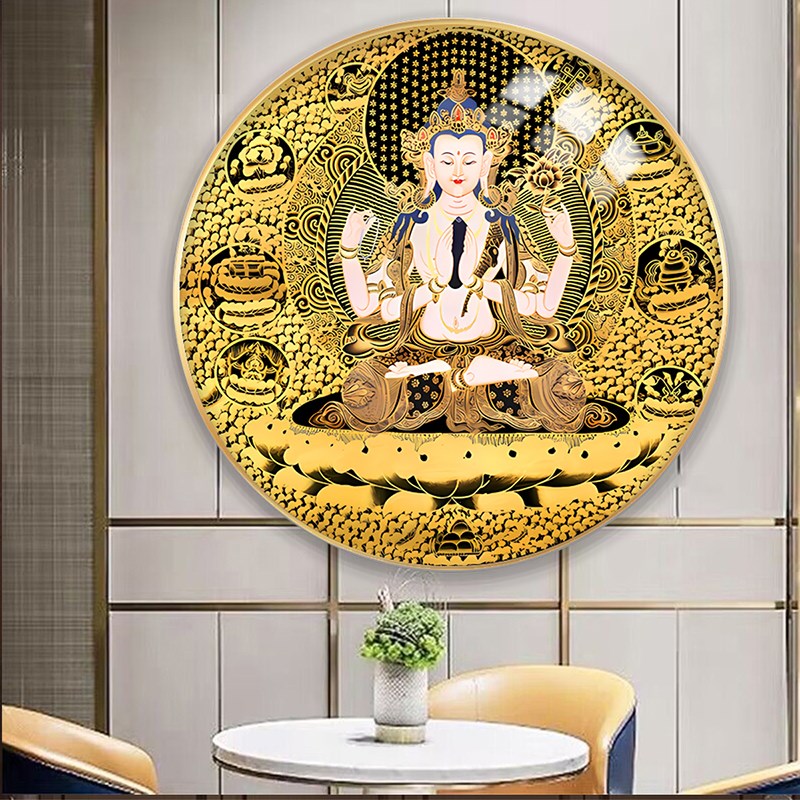 藏式唐卡黄财神挂画玄关客u厅圆形背景墙壁画仿手绘晶瓷财神装饰