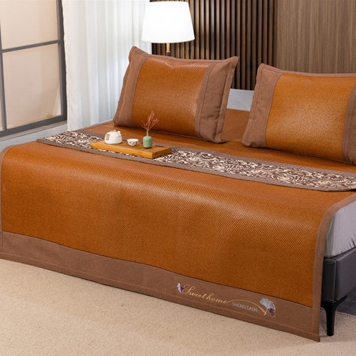 夏天加厚双面f古藤席三件套1.5m1.8米双人床空调凉席 可折叠冰丝