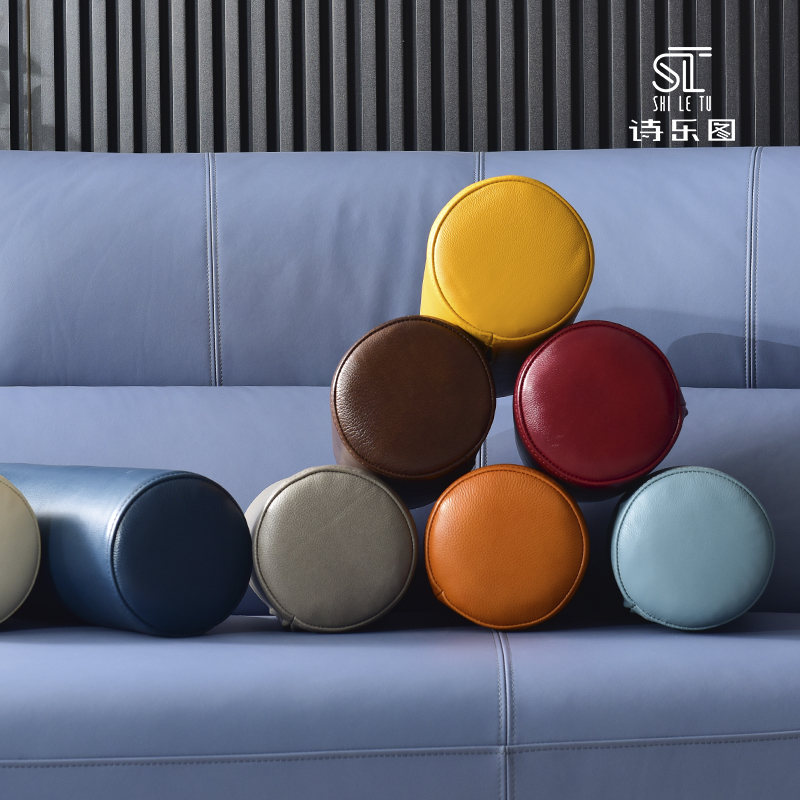 全真皮圆形手枕沙发n扶手垫头层牛皮抱枕沙发靠头糖果枕头床头靠